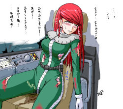 Rule 34 | 1girl, blush, bodysuit, bra, breasts, buttons, chair, closed eyes, cockpit, crash, cuts, gloves, green bodysuit, gundam, homare (suzu no oka), injury, large breasts, long hair, mobile suit gundam climax uc, nana tachibana, panties, peeing, peeing self, pilot, puddle, red hair, scrapes, sitting, solo, tears, teeth, torn clothes, translation request, trembling, underwear, wet, wet clothes, white bra, white gloves, white panties