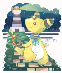 Rule 34 | akadako, ampharos, animal focus, blue neckerchief, blue sky, border, brown eyes, closed mouth, clothed pokemon, creatures (company), forehead jewel, game freak, gem, gen 2 pokemon, grass, happy, leg up, light blush, light rays, lighthouse, looking back, neckerchief, night, nintendo, no humans, notice lines, one-hour drawing challenge, outdoors, outline, path, pokedex number, pokemon, pokemon (creature), red gemstone, road, sideways mouth, sky, smile, solo, standing, standing on one leg, walking, white border, yellow outline