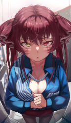 1girl, :o, absurdres, alternate costume, bangs, black legwear, blue shirt, blurry, blurry background, blush, breasts, cleavage, collarbone, collared shirt, commentary request, employee uniform, eyebrows visible through hair, hair ornament, hair ribbon, hands up, heterochromia, highres, hololive, houshou marine, huge filesize, large breasts, lawson, leaning forward, long hair, long sleeves, looking at viewer, open mouth, pantyhose, pencil skirt, red eyes, red hair, red ribbon, revision, ribbon, shirt, sidelocks, skirt, solo, striped, striped shirt, sweat, tile floor, tiles, torriet, twintails, two side up, uniform, virtual youtuber, yellow eyes
