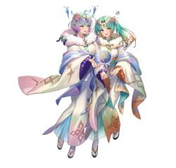 Rule 34 | 2girls, ahoge, aqua eyes, ball, breasts, bubble, crystal, cuboon, fire emblem, fire emblem heroes, floating, floating ball, floating object, forehead jewel, full body, heidr (fire emblem), japanese clothes, jewelry, kimono, large breasts, looking to the side, multicolored hair, multiple girls, nintendo, obi, official alternate costume, official art, open mouth, parted lips, purple hair, sandals, sash, second-party source, seidr (fire emblem), seidr (new year) (fire emblem), short hair, smile, solo, tabi, teeth, white background, yellow eyes, zouri