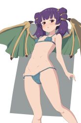 Rule 34 | 1girl, absurdres, bikini, blush, breasts, dragon girl, dragon wings, feet out of frame, female focus, fire emblem, fire emblem: the sacred stones, highres, looking at viewer, mageddon, myrrh (fire emblem), nintendo, nipples through clothes, purple hair, red eyes, simple background, small breasts, standing, sweat, sweatdrop, swimsuit, twintails, underwear, undressing, wings, yellow wings