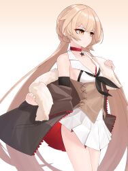 Rule 34 | 1girl, absurdres, bare shoulders, blonde hair, breasts, choker, cowboy shot, detached sleeves, fur-trimmed jacket, fur trim, girls&#039; frontline, highres, jacket, long hair, nabiyan, open clothes, open jacket, ots-14 (girls&#039; frontline), pleated skirt, red choker, removing jacket, skirt, sleeveless, small breasts, solo, twintails, very long hair, white skirt, yellow eyes