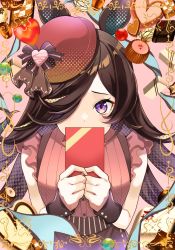 Rule 34 | 1girl, animal ears, blush, box, brown hair, candy, chocolate, chocolate heart, covered mouth, food, framed, gift, gift box, gyunyupan, hair over one eye, hat, heart, highres, holding, holding box, horse ears, long hair, looking at viewer, pink shirt, purple eyes, red hat, rice shower (umamusume), shirt, sleeveless, sleeveless shirt, solo, suspenders, umamusume, upper body, valentine, white chocolate, wrist cuffs