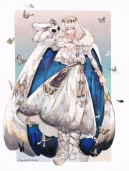 Rule 34 | 1boy, absurdres, arthropod boy, blanca (fate), blue eyes, bug, butterfly, cloak, crown, diamond hairband, dress, fate/grand order, fate (series), full body, fur-trimmed cloak, fur trim, highres, insect, long sleeves, looking at viewer, maidhao, male focus, medium hair, moth, no wings, oberon (fate), signature, smile, white cloak, white dress, white hair