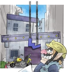Rule 34 | 1boy, blue shirt, blue sky, brown hair, building, clenched teeth, facial hair, from side, hard hat, helmet, looking up, motor vehicle, motorcycle, mustache, nintendo, official art, pointy ears, satellite dish, shirt, sky, takeuchi kou, teeth, thick eyebrows, third-party source, wario, warioware, warioware: get it together!