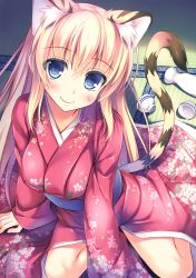 Rule 34 | 1girl, absurdres, alcohol, animal ears, arm at side, arm support, bare legs, between legs, blonde hair, blue eyes, blush, breasts, choko (cup), closed mouth, cropped, cup, fingernails, floral print, hand between legs, highres, indoors, japanese clothes, kimono, large breasts, long fingernails, long hair, long sleeves, looking at viewer, non-web source, nozomi tsubame, obi, on floor, original, sake, sash, scan, sitting, sleeves past wrists, smile, solo, tail, tatami, tiger ears, tiger girl, tiger tail, tokkuri, toranoana