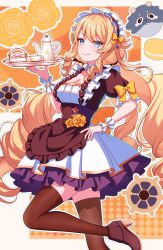 Rule 34 | 1girl, absurdres, apron, blue eyes, breasts, brown thighhighs, closed mouth, cup, dress, female focus, food, genshin impact, hairband, high heels, highres, holding, holding plate, jar, long hair, looking at viewer, macaron, maid, maid apron, maid headdress, medium breasts, navia (genshin impact), orange hair, plate, pochimaru (marumaru wanwan), smile, solo, thighhighs