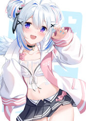 Rule 34 | 1girl, absurdres, ahoge, amane kanata, amane kanata (7th costume), angel wings, benchen06, black choker, black skirt, blue hair, blue nails, blush, breasts, choker, claw pose, collarbone, double bun, fingernails, grey hair, hair bun, hair ornament, highres, hololive, jacket, looking at viewer, multicolored clothes, multicolored hair, multicolored jacket, multicolored nails, navel, official alternate costume, open clothes, open jacket, open mouth, panties, purple eyes, simple background, skirt, small breasts, smile, solo, stomach, swimsuit, two-tone jacket, underwear, virtual youtuber, wings, x hair ornament