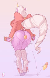 Rule 34 | anal, anal object insertion, ass, bow, breasts, colored skin, demimond23, dildo, frilled jacket, frills, from behind, full body, furry, furry female, gradient background, grey socks, heart, heart tattoo, hooves, horns, huge bow, huge breasts, jacket, kneehighs, league of legends, long hair, long sleeves, object insertion, pink skin, pointy ears, red bow, red jacket, sex toy, shoes, single horn, socks, soraka (league of legends), standing, tattoo, white hair