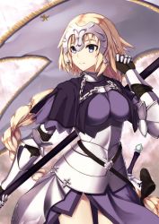 Rule 34 | 1girl, armor, armored dress, banner, blonde hair, blue eyes, braid, breasts, breasts apart, cowboy shot, enchuu, fate/apocrypha, fate (series), floating hair, gauntlets, highres, holding, holding weapon, jeanne d&#039;arc (fate), jeanne d&#039;arc (ruler) (fate), large breasts, long hair, single braid, solo, standing, sword, very long hair, weapon