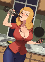 Rule 34 | 1girl, barleyshake, beth smith, blue pants, blush, bottle, breasts, cleavage, collared shirt, cowboy shot, desk, drinking, frying pan, highres, large breasts, pants, red shirt, rick and morty, salt, shadow, shirt, short sleeves, signature, sink, sky, solo, star (sky), starry sky, window
