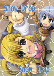 Rule 34 | 00s, 2girls, arm up, blue eyes, blush, clenched hand, from above, green eyes, height difference, long sleeves, looking at viewer, looking up, lyrical nanoha, mahou shoujo lyrical nanoha, mahou shoujo lyrical nanoha strikers, military, military uniform, mini person, minigirl, multiple girls, reinforce zwei, ruku (alicecreation), school uniform, silver hair, tareme, text focus, uniform, vivio