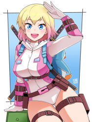 Rule 34 | 1girl, belt, blonde hair, blue eyes, blush, bodysuit, bowieknife, breasts, gluteal fold, gradient hair, gwenpool, highres, katana, large breasts, leotard, looking at viewer, marvel, multicolored hair, open mouth, pink hair, pink leotard, pouch, short hair, solo, superhero costume, sword, weapon, weapon on back