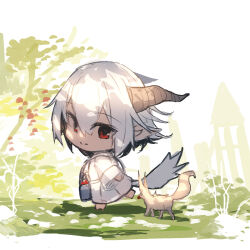 Rule 34 | 1girl, animal, bag, barefoot, chibi, closed mouth, commentary request, day, fox, grey hair, hair between eyes, highres, horns, japanese clothes, kimono, long sleeves, original, outdoors, pointy ears, red eyes, smile, solo, tail, walking, white kimono, wide sleeves, yuuji (yukimimi)