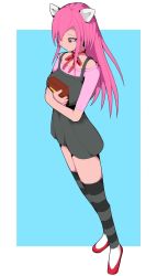 Rule 34 | 1girl, dress, elfen lied, highres, horns, long hair, lucy (elfen lied), pink hair, red footwear, ribbon, simple background, snarkilly1111, solo, standing, striped clothes, striped thighhighs, thighhighs