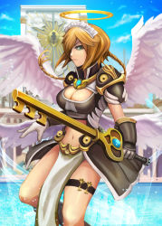 Rule 34 | &gt;:|, 1girl, :|, angel, angel wings, armor, armored dress, blonde hair, braid, breasts, cleavage, closed mouth, cowboy shot, gauntlets, gloves, green eyes, hair over one eye, halo, holster, key, keyblade, large breasts, looking at viewer, maid headdress, navel, original, pauldrons, pelvic curtain, short hair, shoulder armor, single braid, single gauntlet, single glove, solo, sunao (70 the), thigh holster, v-shaped eyebrows, white gloves, wings