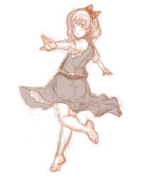 Rule 34 | 1girl, barefoot, full body, hair ribbon, kuro suto sukii, looking at viewer, looking back, open mouth, outstretched arms, ribbon, rumia, shirt, short sleeves, simple background, sketch, skirt, skirt set, solo, touhou, tunic, vest, white background