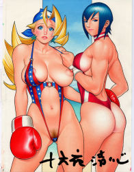 Rule 34 | 2girls, ahoge, american flag swimsuit, areola slip, ass, assisted exposure, ayuhara natsu, bandana, bikini, blue eyes, blue hair, blue sky, border, boxing gloves, breasts, capcom, clothing cutout, commentary request, competition swimsuit, covered erect nipples, earrings, female pubic hair, gluteal fold, huge ahoge, izayoi seishin, jewelry, justice gakuen, large breasts, lips, long hair, medium breasts, moero! justice gakuen, multiple girls, muscular, muscular female, navel, navel cutout, nipples, nose, o-ring, o-ring swimsuit, ocean, one-piece swimsuit, one-piece thong, one breast out, pubic hair, red one-piece swimsuit, sagging breasts, shiritsu justice gakuen, short hair, sideboob, sky, slingshot swimsuit, spaghetti strap, spiked hair, standing, star (symbol), star earrings, swimsuit, tan, tiffany lords