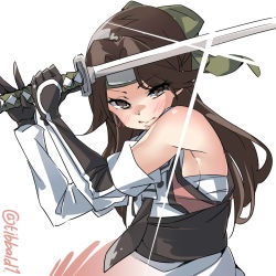 Rule 34 | 10s, 1girl, bad id, bad twitter id, blush, bow, breasts, brown eyes, brown hair, brown necktie, closed mouth, ebifurya, elbow gloves, forehead protector, gloves, green bow, hair bow, hair intakes, hands up, highres, holding, holding sword, holding weapon, inactive account, jintsuu (kancolle), kantai collection, long hair, looking at viewer, necktie, sarashi, serious, simple background, small breasts, solo, sparkle, sword, twitter username, two-handed, unsheathed, upper body, weapon, white background