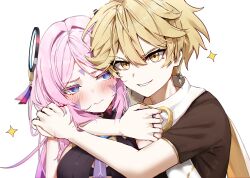 1boy 1girl absurdres aether_(genshin_impact) blonde_hair blue_eyes blush breasts citlali_(genshin_impact) commentary facial_mark genshin_impact highres hug hug_from_behind large_breasts long_hair parted_bangs pink_hair pink_pupils shirt simple_background smile sparkle sstthei triangle_facial_mark white_shirt yellow_eyes