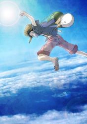 Rule 34 | 1boy, bag, black hair, blue sky, cloud, full body, goggles, hat, jumping, male focus, monkey d. luffy, one piece, one piece: strong world, open clothes, open shirt, outdoors, sandals, scar, shirt, shorts, sky, smile, solo, straw hat, sun, teeth