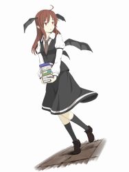 Rule 34 | 1girl, ahoge, black socks, book, book stack, dress, embodiment of scarlet devil, female focus, full body, head wings, highres, holding, holding book, kawashina (momen silicon), kneehighs, koakuma, loafers, long hair, necktie, red eyes, red hair, shoes, socks, solo, touhou, white background, wings