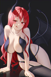 Rule 34 | 1girl, :q, absurdres, arm support, bare arms, bare shoulders, black background, black leotard, black thighhighs, blush, breasts, cleavage, collarbone, cowboy shot, demon girl, demon horns, demon tail, demon wings, garter belt, gonzz (gon2rix), highleg, highleg leotard, highres, horns, large breasts, leaning forward, leaning to the side, leotard, long hair, looking at viewer, original, red eyes, red hair, reflective floor, seductive smile, single thighhigh, skindentation, smile, smirk, solo, strapless, strapless leotard, tail, thighhighs, tongue, tongue out, wings