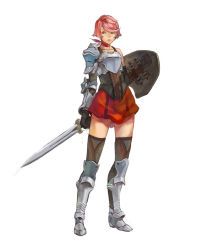 Rule 34 | 1girl, boots, original, pink hair, salamander (jonbonjovi82), shield, shin guards, short hair, skirt, solo, sword, thighhighs, weapon