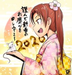 Rule 34 | 1girl, 2020, animal, artist logo, back bow, bad id, bad twitter id, bow, brown eyes, brown hair, chinese zodiac, commentary, flower, from side, girls und panzer, hair flower, hair ornament, holding, holding animal, inactive account, japanese clothes, kadotani anzu, kimono, long hair, long sleeves, new year, obi, open mouth, parted bangs, pink kimono, sash, smile, solo, translated, tsukasa-emon, twintails, twitter username, wide sleeves, year of the rat