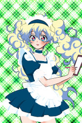 Rule 34 | 00s, 1girl, :o, alternate hairstyle, apron, bad id, bad pixiv id, blue dress, blush, brown eyes, clipboard, cowboy shot, curtains, dress, kinzou (2828), looking at viewer, maid, maid apron, nia teppelin, parted lips, solo, tengen toppa gurren lagann, twintails, writing