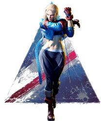 Rule 34 | 1girl, abs, blue jacket, boots, cammy white, capcom, crop top, cropped jacket, facial scar, fingerless gloves, full body, gloves, highres, jacket, looking at viewer, navel, official art, pants, red footwear, scar, scar on cheek, scar on face, short hair, solo, sports bra, stomach, street fighter, street fighter 6, tight clothes, tight pants, toned