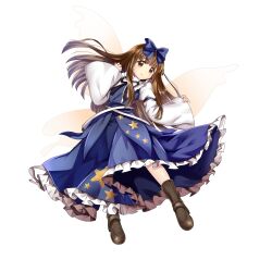 Rule 34 | 1girl, black footwear, blue bow, blue dress, blunt bangs, bow, brown eyes, brown hair, closed mouth, dress, fairy, fairy wings, full body, game cg, hair bow, highres, hime cut, juliet sleeves, long sleeves, looking at viewer, puffy sleeves, rotte (1109), simple background, smile, solo, star (symbol), star print, star sapphire, third-party source, touhou, touhou lostword, white background, wings