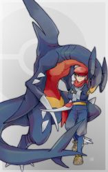 Rule 34 | 1boy, absurdres, black sclera, black undershirt, border, brown footwear, claws, closed mouth, colored sclera, commentary request, creatures (company), crossed arms, game freak, garchomp, gen 4 pokemon, hat, highres, jacket, looking at viewer, male focus, nigiri (ngr24), nintendo, orange eyes, pants, poke ball symbol, pokemon, pokemon (creature), pokemon legends: arceus, red headwear, red scarf, rei (pokemon), scarf, shoes, short hair, signature, smile, spikes, standing, undershirt