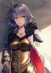 Rule 34 | 1girl, :d, against wall, age difference, black dress, black jacket, breasts, collarbone, cowboy shot, crack, cracked wall, day, dress, fate/apocrypha, fate (series), fur-trimmed sleeves, fur collar, fur trim, hand in pocket, highres, jacket, jeanne d&#039;arc (fate), jeanne d&#039;arc alter (fate), jeanne d&#039;arc alter (ver. shinjuku 1999) (fate), jewelry, large breasts, long sleeves, looking at viewer, necklace, nonono (nononotea), official alternate costume, open clothes, open jacket, open mouth, pendant, short hair, silver hair, smile, solo, standing, sunlight, upper body, v-shaped eyebrows, yellow eyes