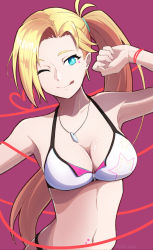 Rule 34 | 1girl, aqua eyes, bare shoulders, blonde hair, breasts, calamity jane (fate), cleavage, closed mouth, collarbone, dog tags, earrings, facial tattoo, fate/grand order, fate (series), hide hunter, highres, hoop earrings, jewelry, large breasts, licking lips, long hair, looking at viewer, navel, necklace, one eye closed, purple background, red ribbon, ribbon, side ponytail, simple background, smile, solo, star tattoo, tattoo, thunderstriker, tongue, tongue out, very long hair