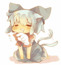 Rule 34 | 1girl, = =, animal ears, bad id, bad pixiv id, blue dress, bow, cat ears, cat tail, chibi, cirno, dress, drooling, hair bow, kemonomimi mode, masirosu, multiple tails, solo, tail, tail wagging, touhou