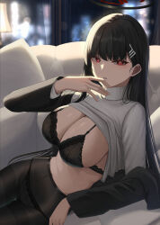 Rule 34 | 1girl, absurdres, black bra, black hair, black jacket, black pantyhose, blue archive, blush, bra, breasts, bright pupils, cleavage, commentary request, couch, hair ornament, halo, highres, indoors, jacket, large breasts, long hair, long sleeves, looking at viewer, lying, on side, panties, panties under pantyhose, pantyhose, parted lips, red eyes, rio (blue archive), solo, sweater, thighband pantyhose, turtleneck, turtleneck sweater, underwear, white pupils, white sweater, yamikyon