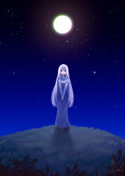 Rule 34 | 1girl, bad id, bad pixiv id, blue dress, blue eyes, blue hair, blue sky, blunt bangs, blurry, blurry foreground, closed mouth, commentary request, depth of field, dress, full moon, grass, highres, hill, long hair, long sleeves, looking at viewer, moon, night, night sky, rheez, sky, smile, solo, star (sky), starry sky, v arms