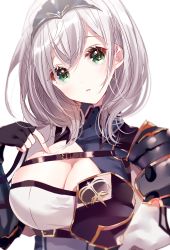 Rule 34 | 1girl, armor, black gloves, blush, breasts, cleavage, eyebrows hidden by hair, fingerless gloves, gloves, green eyes, grey hair, head tilt, headpiece, highres, hololive, large breasts, looking at viewer, misumi (macaroni), mole, mole on breast, parted lips, pauldrons, shirogane noel, shirogane noel (1st costume), shoulder armor, shrug (clothing), simple background, solo, upper body, virtual youtuber, white background