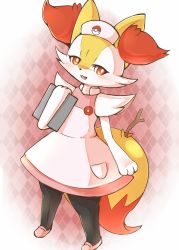 Rule 34 | 1girl, :3, animal ear fluff, animal ears, animal hands, animal nose, argyle, argyle background, argyle clothes, black fur, blush, body fur, braixen, clipboard, clothed pokemon, cosplay, creatures (company), dress, fang, female focus, flat chest, fox ears, fox girl, fox tail, furry, furry female, game freak, gen 6 pokemon, hand up, happy, hat, holding, holding clipboard, joy (pokemon), joy (pokemon) (cosplay), kajiura, looking at viewer, nintendo, nurse, nurse cap, open mouth, pink dress, pink footwear, pocket, poke ball symbol, poke ball theme, pokemon, pokemon (anime), pokemon (creature), pokemon xy (anime), red background, red eyes, shoes, sleeveless, sleeveless dress, smile, snout, solo, stick, tail, white fur, yellow fur