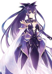 Rule 34 | 1girl, absurdres, armor, armored dress, black gloves, breasts, bridal gauntlets, cape, cleavage, date a live, dress, faulds, floating hair, gloves, heterochromia, high ponytail, highres, long dress, long hair, looking at viewer, medium breasts, novel illustration, official art, purple dress, purple eyes, purple hair, red eyes, see-through, shoulder armor, simple background, solo, standing, tsunako, very long hair, white background, white cape, yatogami tooka