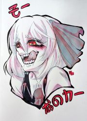 Rule 34 | 1girl, ascot, blush, bright pupils, collared shirt, commentary, fangs, furrowed brow, glowing, glowing eyes, hair between eyes, hair ribbon, initial, is that so, karyodares, licking lips, mixed-language commentary, open mouth, photo (medium), portrait, red eyes, ribbon, rumia, saliva, shirt, short hair, solo, spot color, teeth, tongue, tongue out, touhou, traditional media, vest, white pupils, wing collar