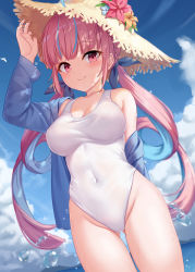Rule 34 | 1girl, air bubble, bare shoulders, blunt bangs, bow, breasts, bubble, closed mouth, cloud, collarbone, cowboy shot, drill hair, flower, hair bow, hand up, hat, highres, hololive, leotard, long hair, long sleeves, looking at viewer, medium breasts, milkshakework, minato aqua, multicolored hair, navel, off shoulder, one-piece swimsuit, pink hair, purple shirt, shirt, sidelocks, sky, smile, solo, standing, swimsuit, thighs, twintails, two-tone hair, virtual youtuber, water, white leotard, white one-piece swimsuit