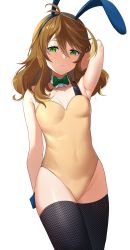 Rule 34 | 1girl, absurdres, amicia michella, animal ears, arm behind head, armpits, bare shoulders, black thighhighs, blonde hair, bow, bowtie, breasts, brown hair, covered navel, cowboy shot, detached collar, dobure18, expressionless, fake animal ears, green bow, green eyes, hair between eyes, highleg, highleg leotard, highres, leotard, long hair, looking at viewer, multicolored hair, nijisanji, nijisanji id, playboy bunny, rabbit ears, simple background, small breasts, solo, streaked hair, thighhighs, virtual youtuber, white background, wrist cuffs, yellow leotard