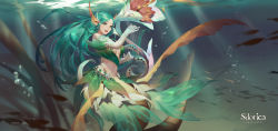 Rule 34 | 1girl, breasts, cleavage, commentary request, elbow gloves, fins, gloves, green eyes, green hair, hair ornament, happy, head fins, highres, long hair, looking at viewer, medium breasts, mermaid, monster girl, navel, official art, open mouth, parted bangs, sdorica, solo, underwater, very long hair, water