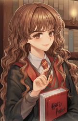 Rule 34 | 1girl, book, bookshelf, brown eyes, brown hair, copyright name, harry potter (series), hermione granger, highres, holding, holding wand, indoors, lamp, long sleeves, micha, necktie, red necktie, robe, school uniform, smile, solo, standing, upper body, wand, wavy hair, wizarding world