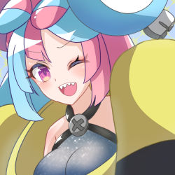 Rule 34 | 1girl, bow-shaped hair, creatures (company), game freak, hexagon print, highres, iono (pokemon), jacket, long hair, low-tied long hair, multicolored hair, nintendo, oversized clothes, pokemon, pokemon sv, sharp teeth, sleeves past fingers, sleeves past wrists, solo, split-color hair, teeth, very long sleeves, x, yellow jacket, ying1hua1