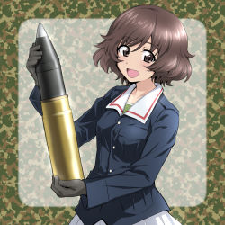 Rule 34 | 10s, 1girl, akiyama yukari, black gloves, blue jacket, brown eyes, brown hair, camouflage background, commentary, girls und panzer, gloves, green shirt, holding, jacket, long sleeves, looking at viewer, messy hair, military, military uniform, nakahira guy, ooarai military uniform, open mouth, pleated skirt, rounded corners, shirt, short hair, skirt, smile, solo, standing, tank shell, uniform, upper body, white skirt