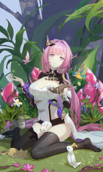 Rule 34 | 1girl, bird, black footwear, black thighhighs, boots, breasts, brown gloves, bug, butterfly, cat, cleavage, crystal, earrings, elysia (honkai impact), elysia (miss pink elf) (honkai impact), flower, full body, german army, gloves, grass, hair ornament, highres, honkai (series), honkai impact 3rd, insect, jewelry, leaf, long hair, long sleeves, looking at viewer, on floor, parrot, pink butterfly, pink eyes, pink hair, pointy ears, purple butterfly, rabbit, single earring, single glove, single thigh boot, sitting, smile, solo, taichi (yirkorn), thigh boots, thighhighs, wariza, white flower