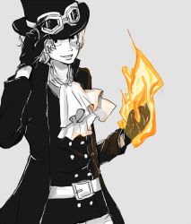 Rule 34 | 1boy, fire, gloves, goggles, goggles on headwear, hand on headwear, hat, male focus, one piece, sabo (one piece), solo, spot color, top hat
